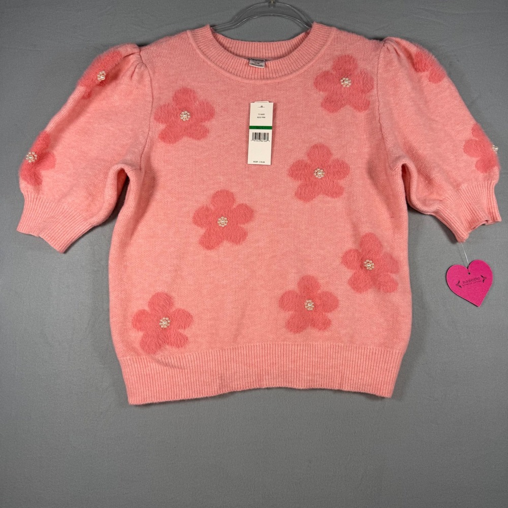 Nanette Lepore Sweater Womens L Pink New Knit Floral Pearl Embellished